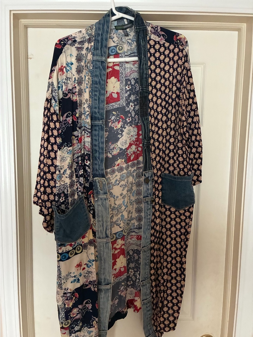 Boho Patchwork Duster Jacket with Denim Trim